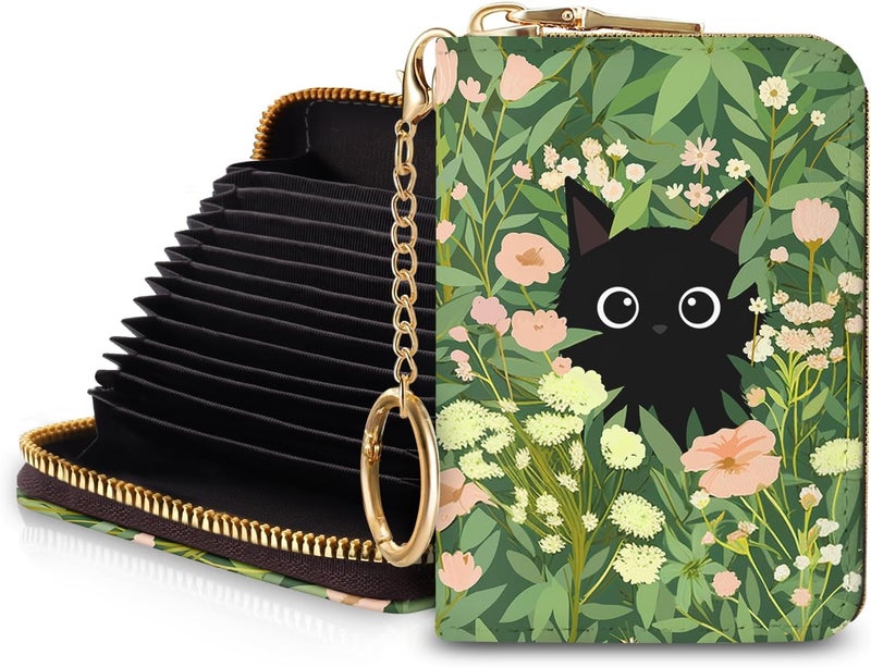 Blusabaca Women's Black Cat Floral RFID Wallet, Waterproof, Leather, 12 Card Slots, 2 Pockets for Coins, 2.5 in x 3.5 in - Image 1